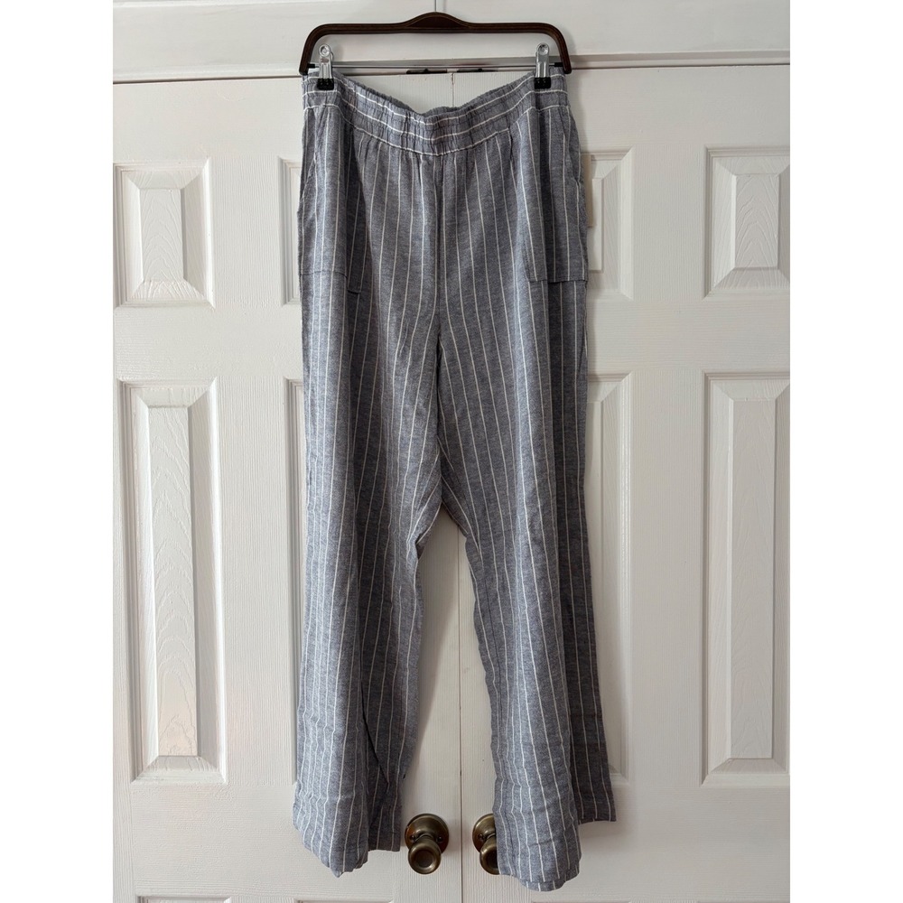Martha Stewart Blue White Pinstripe Linen Blend Wide Leg‎ Pants XL Elastic Waist